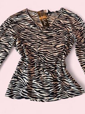 Lola Zebra-Print V-Neck Long Sleeve Top - Black & Cream
